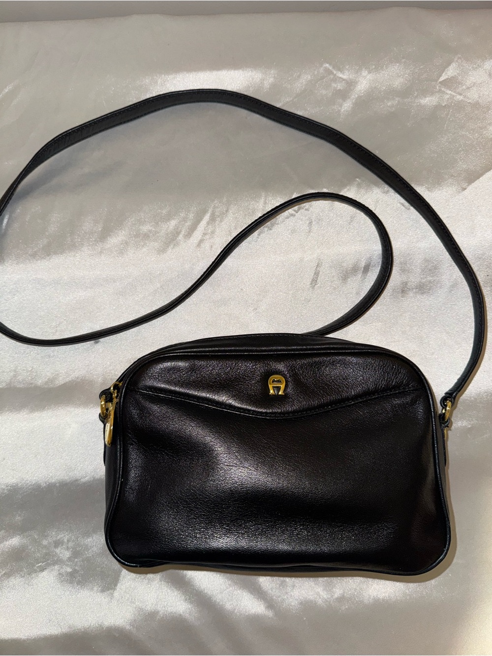 Etienne Aigner Classic Black Leather Crossbody Bag with Gold Accent
